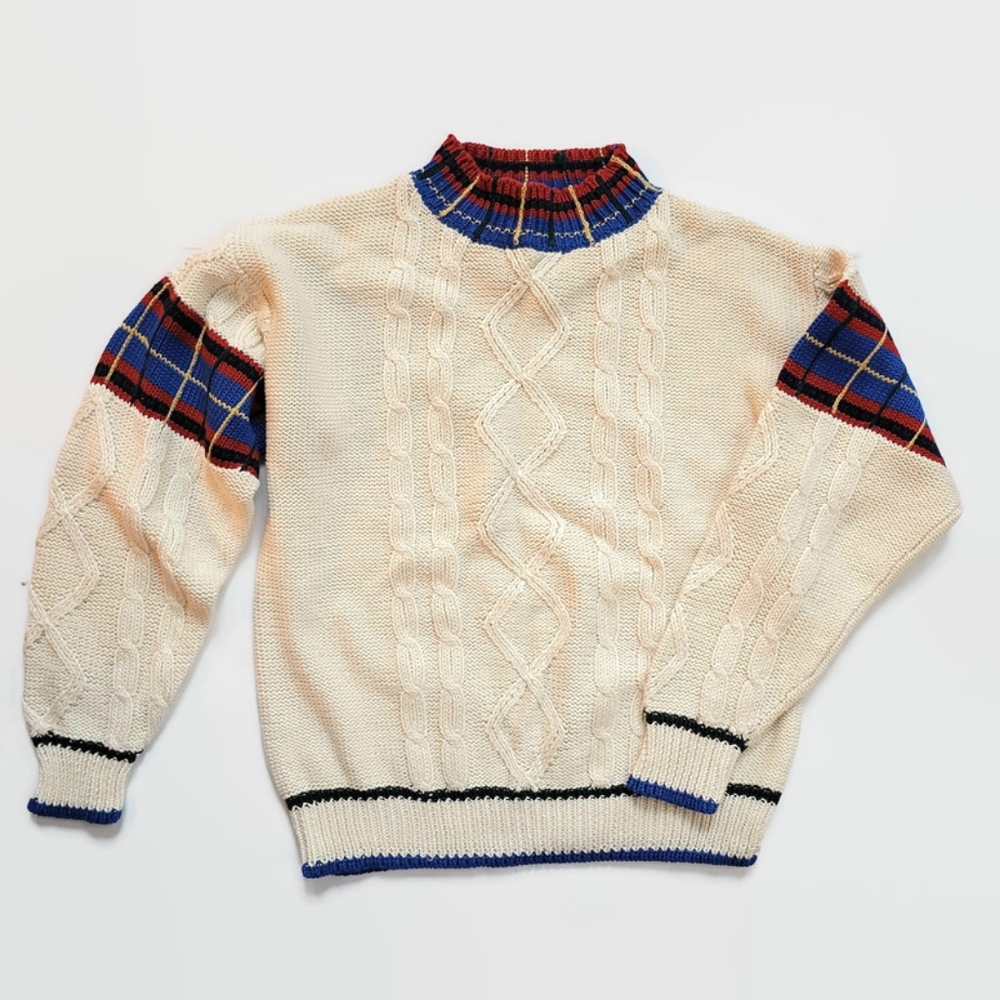 Vintage Grandpa/Fisherman’s Cable Knit Plaid Hand Embroidered Sweater